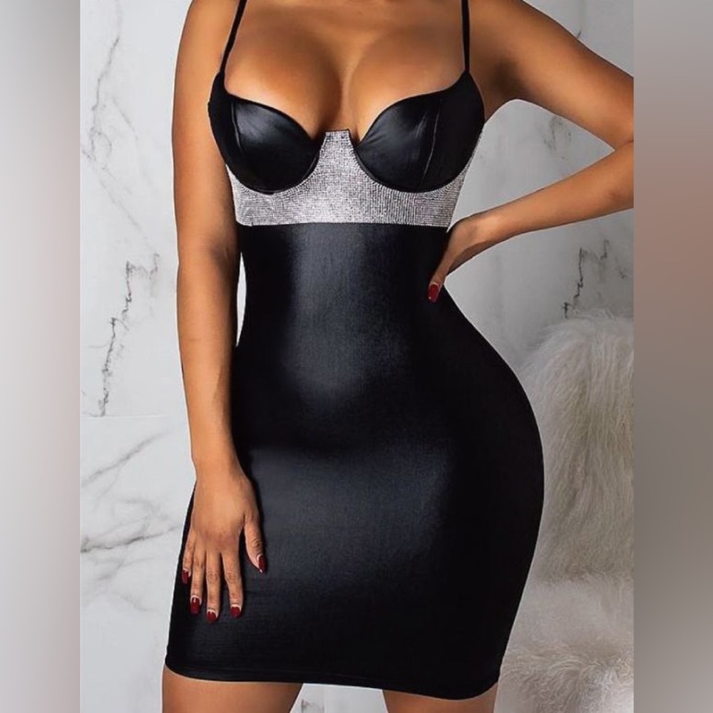 Fashion Nova Black Satin Slip Dress with Silver Rhinestone Band